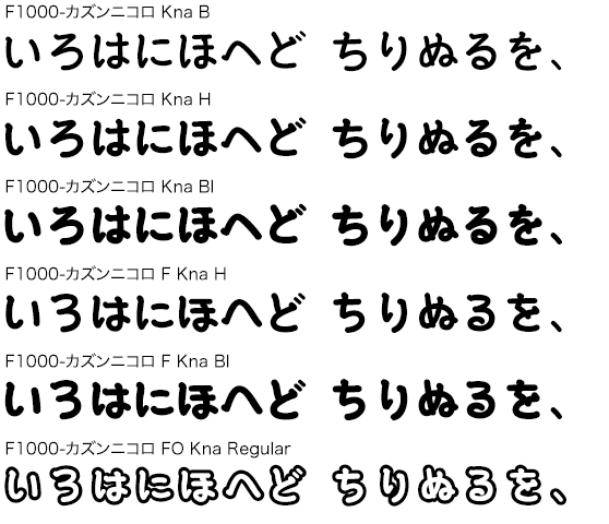 F1000-カズンニコロ Kna B/H/BI・F Kna H/BI・FO Kna Regular 6書体セット (Kazunari Nishida)