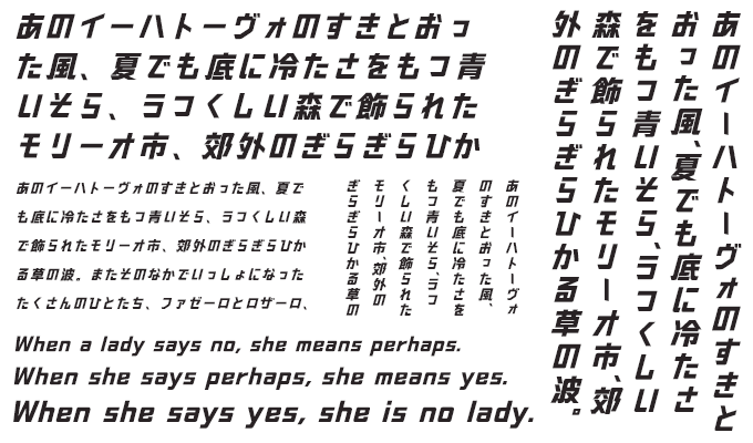 楽フォント 未来へ傾く体 組み見本